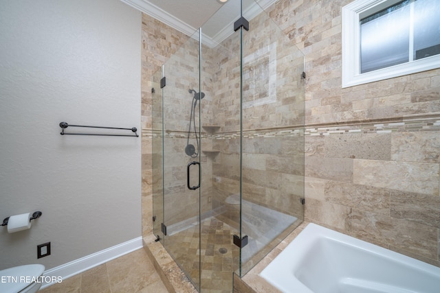 bathroom with plus walk in shower, toilet, and crown molding