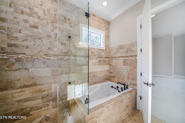 bathroom with plus walk in shower and ornamental molding