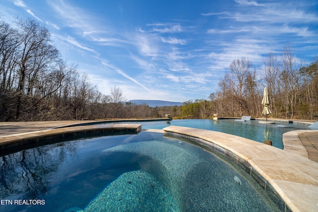 view of swimming pool with pool water feature