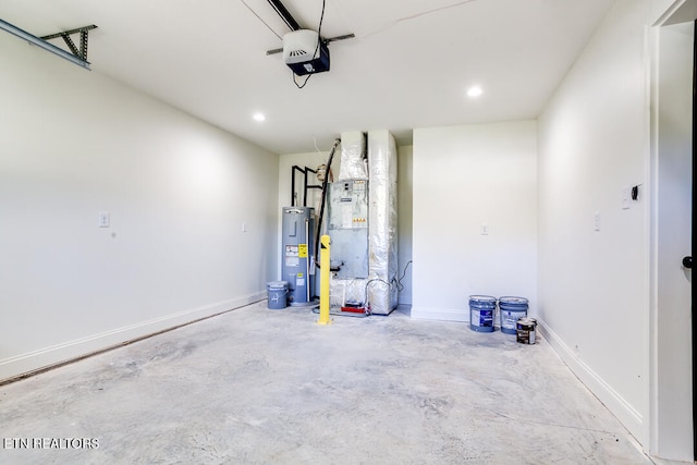 garage with water heater, a garage door opener, and heating unit