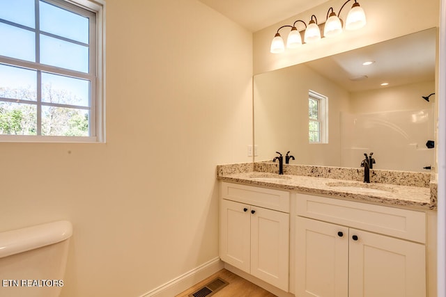 bathroom with a shower, vanity, toilet, and wood-type flooring