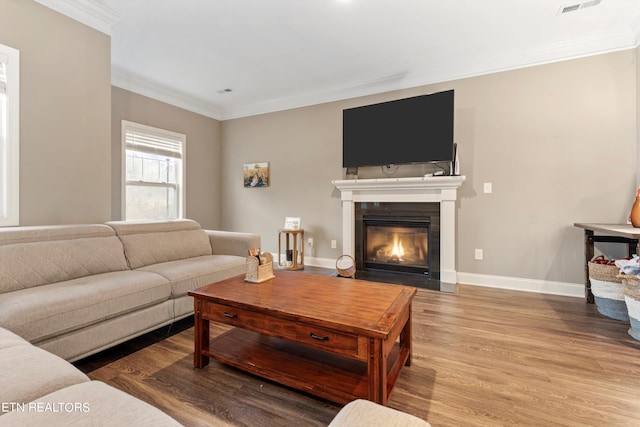 living room featuring hardwood / wood-style flooring and crown molding