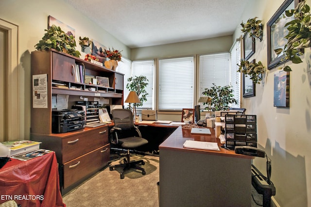 home office featuring a textured ceiling and light carpet