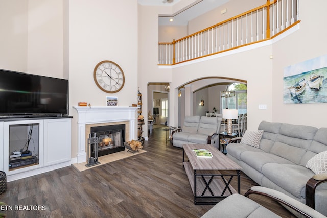 living room with a high ceiling and dark hardwood / wood-style flooring