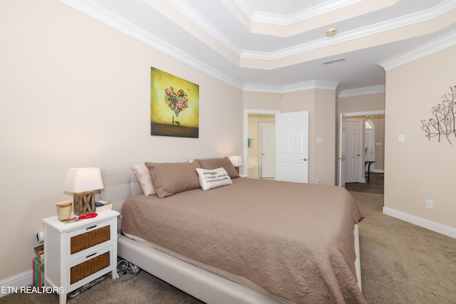 bedroom featuring crown molding and carpet floors