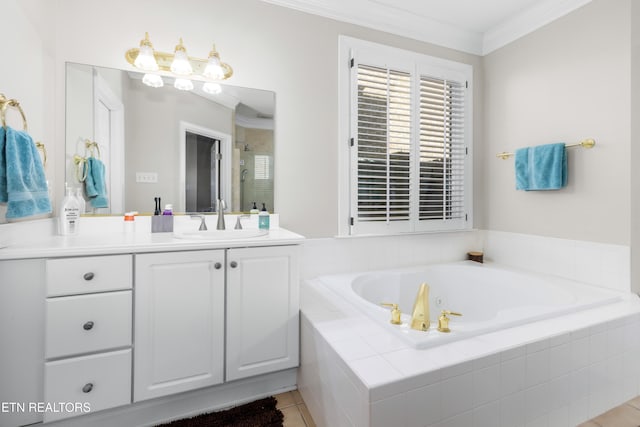 bathroom featuring vanity, crown molding, shower with separate bathtub, and tile patterned floors