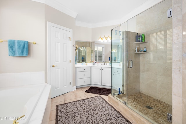 bathroom with vanity, crown molding, separate shower and tub, and tile patterned flooring