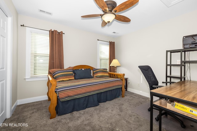 carpeted bedroom with ceiling fan