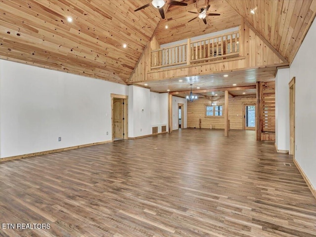 unfurnished living room featuring wood-type flooring, ceiling fan with notable chandelier, high vaulted ceiling, and wooden ceiling