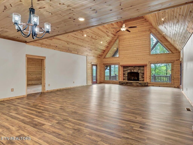 unfurnished living room featuring wood-type flooring, wood ceiling, and high vaulted ceiling