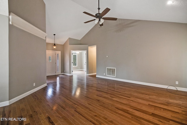 unfurnished living room with high vaulted ceiling, ceiling fan, and dark hardwood / wood-style floors