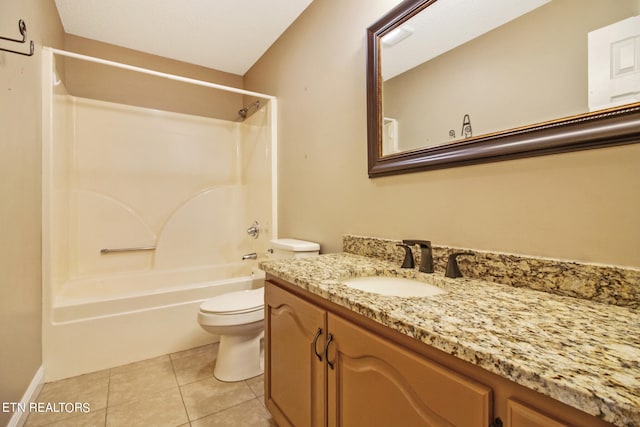 full bathroom with shower / bathing tub combination, tile patterned flooring, vanity, and toilet