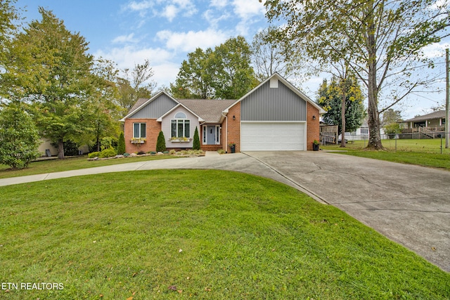 ranch-style home featuring a garage and a front lawn