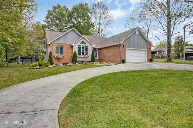 ranch-style house with a garage, brick siding, fence, concrete driveway, and a front yard