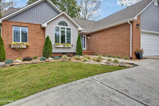 ranch-style home featuring a garage, crawl space, brick siding, and roof with shingles