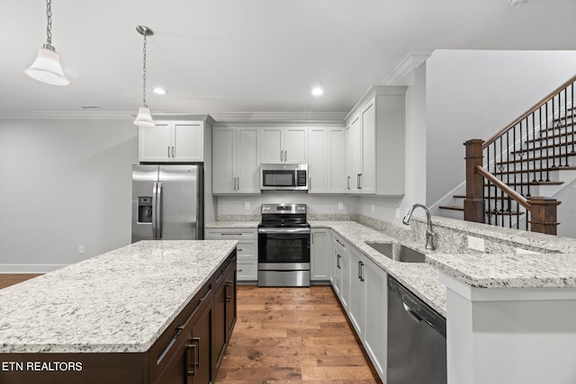 kitchen featuring hardwood / wood-style flooring, sink, crown molding, appliances with stainless steel finishes, and decorative light fixtures