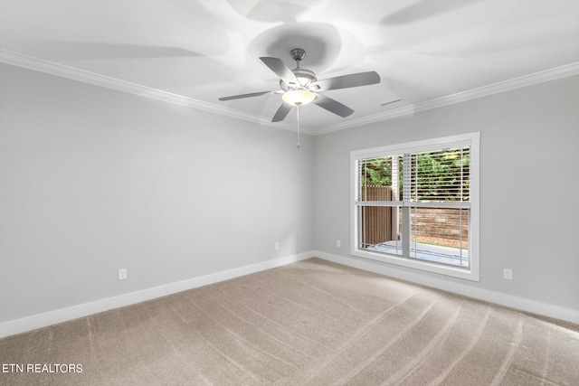 carpeted spare room with crown molding and ceiling fan