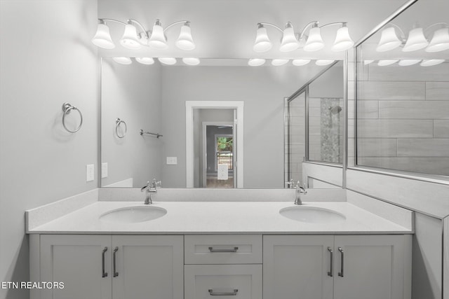 bathroom with a shower with shower door and vanity