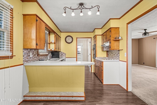 kitchen featuring kitchen peninsula, tasteful backsplash, a textured ceiling, dark hardwood / wood-style floors, and sink