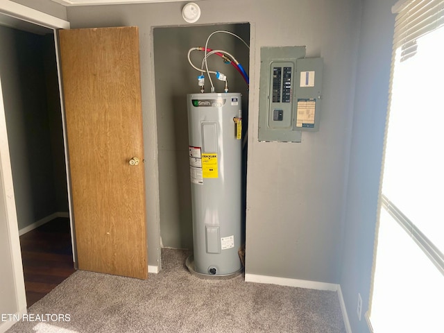 utility room with electric panel and electric water heater