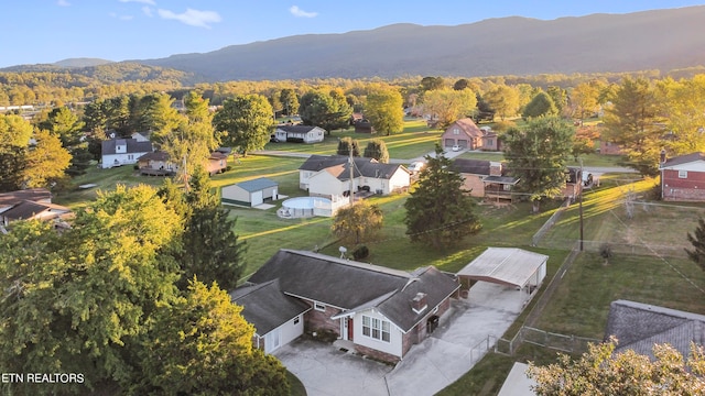 drone / aerial view featuring a mountain view