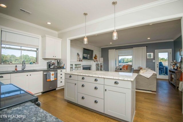 kitchen with dishwasher, white cabinets, sink, and dark hardwood / wood-style flooring