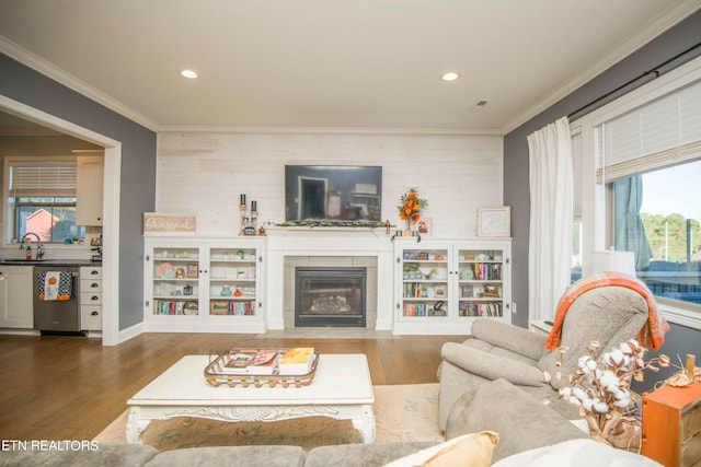 living room featuring wood-type flooring, a fireplace, crown molding, and sink