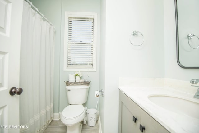 bathroom featuring vanity, toilet, and curtained shower