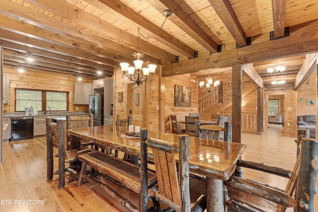 dining room with sink, beam ceiling, wooden walls, wooden ceiling, and light wood-type flooring