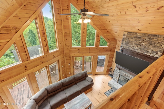 living room with a stone fireplace, hardwood / wood-style flooring, and a healthy amount of sunlight