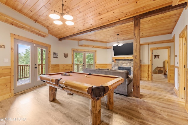 rec room with french doors, wooden ceiling, and a healthy amount of sunlight