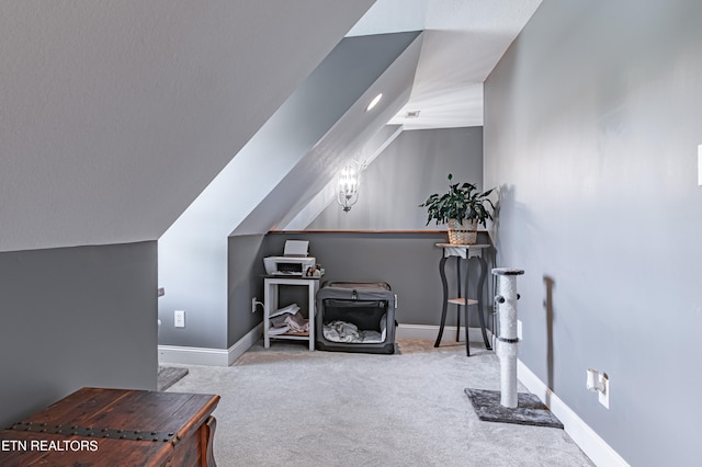 interior space with vaulted ceiling and light colored carpet