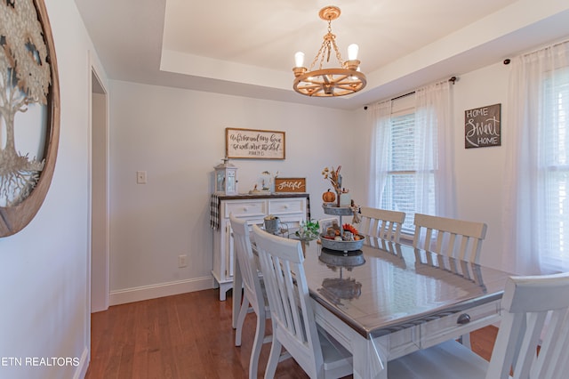 dining area featuring an inviting chandelier, a tray ceiling, and hardwood / wood-style flooring