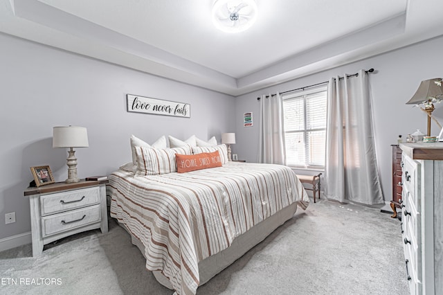 bedroom featuring a raised ceiling and light colored carpet