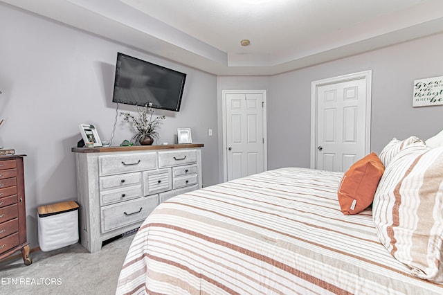 bedroom featuring light colored carpet and a closet