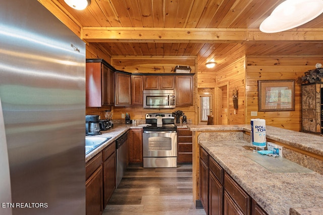 kitchen featuring wooden walls, wood ceiling, dark hardwood / wood-style floors, appliances with stainless steel finishes, and beam ceiling