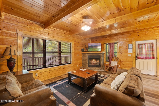 living room featuring wood walls, wooden ceiling, and hardwood / wood-style floors