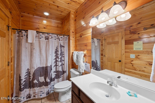 bathroom with vanity, wooden walls, wooden ceiling, tile patterned floors, and toilet