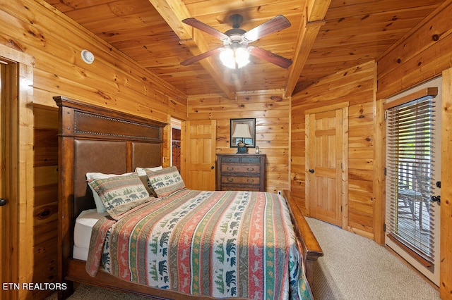 bedroom featuring lofted ceiling, wooden ceiling, carpet, and access to exterior