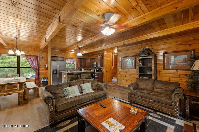 living room with dark wood-type flooring, beamed ceiling, wood ceiling, and wooden walls