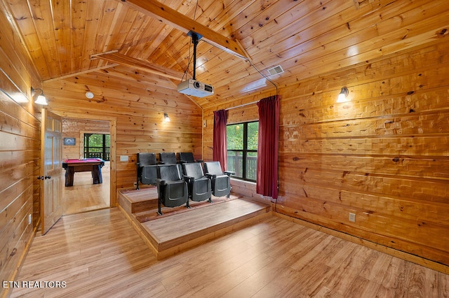 cinema with wood walls, plenty of natural light, and light hardwood / wood-style floors