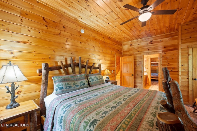 bedroom featuring ceiling fan, wood walls, hardwood / wood-style floors, and wooden ceiling