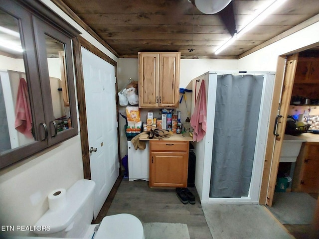 bathroom featuring wooden ceiling, vanity, toilet, and a shower with curtain