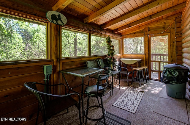 sunroom / solarium featuring vaulted ceiling with beams and wooden ceiling