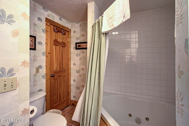 bathroom with shower / tub combo, tile patterned floors, a textured ceiling, and toilet