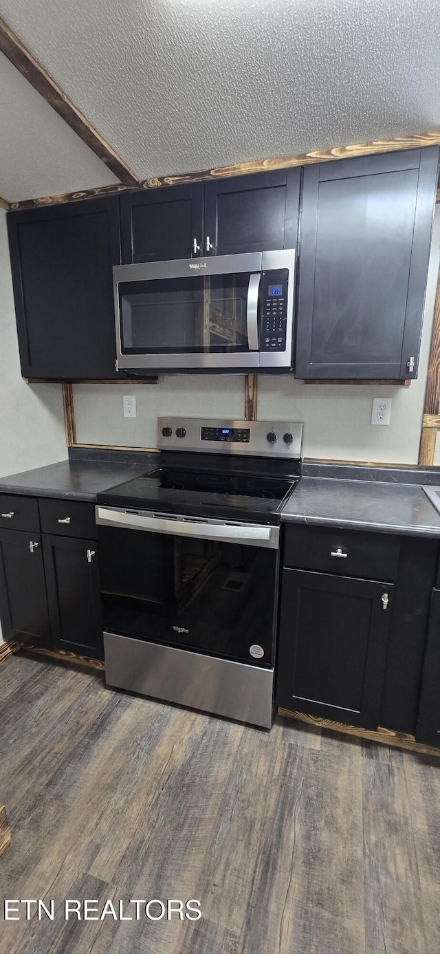 kitchen featuring hardwood / wood-style flooring, appliances with stainless steel finishes, and a textured ceiling