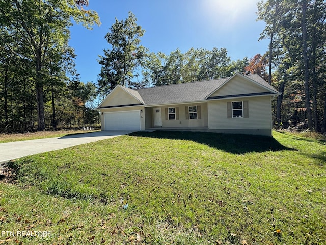 single story home featuring a front yard and a garage