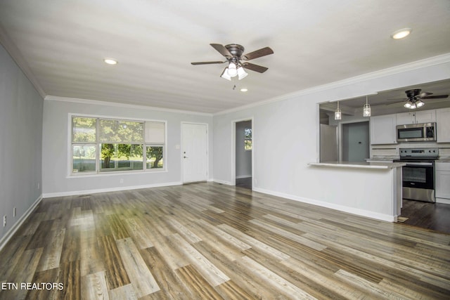 unfurnished living room with wood-type flooring, ceiling fan, and ornamental molding