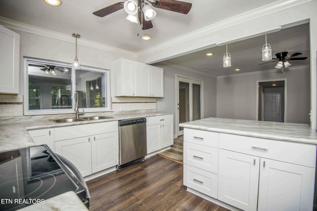 kitchen featuring white cabinetry, dishwasher, sink, backsplash, and decorative light fixtures