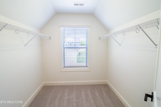 walk in closet with carpet flooring and lofted ceiling